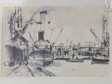 a picture of a drawing of a boat in a harbor