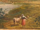 a painting of a woman and a cow in a field