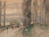 a painting of a man walking down a road with horses
