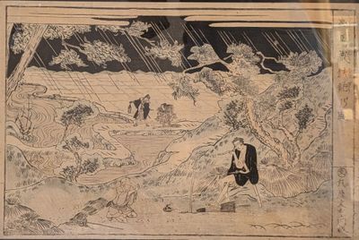 japanese woodblock painting of a man walking in the rain