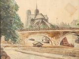 une peinture représentant un pont enjambant une rivière, avec un bâtiment en arrière-plan