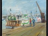 a painting of a man walking on a dock with boats
