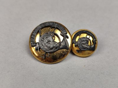a close up of a pair of gold and black buttons