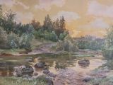 a painting of a river with rocks in the water