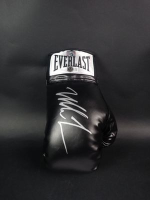 a close up of a pair of boxing gloves with a signed glove