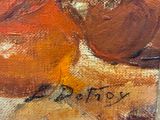 an oil painting of two oranges on a table with a name written on it