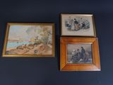 two framed pictures of people sitting on a bench in front of a painting