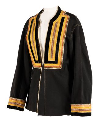 a black jacket with yellow and black stripes on it