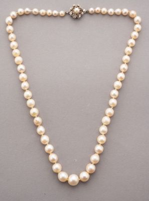 a white pearl necklace with a diamond clasp