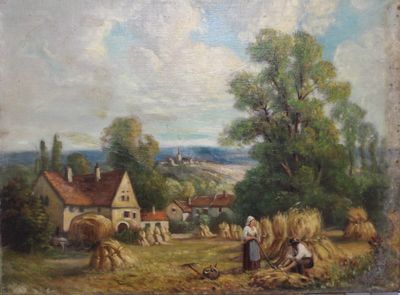 an oil painting of a farm scene with a couple of men and a woman