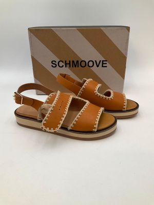 schmoove tan leather sandals with white stitching