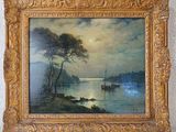a painting of a painting of a boat on a body of water