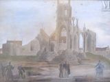 une peinture représentant une peinture où l'on voit des personnes devant une église
