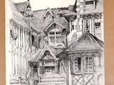 an old drawing of a building with a clock tower