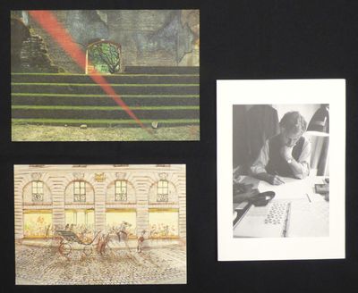 three photographs of a woman sitting at a table in front of a building