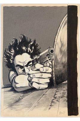 dessin représentant un homme tenant un pistolet devant un miroir