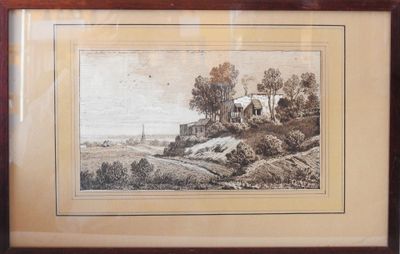 framed picture of a landscape with a house and a river