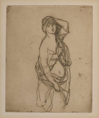 a drawing of a woman in a hat and dress holding a baby