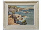 an oil painting of a beach scene with rocks and a body of water