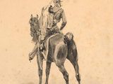 a drawing of a man riding a horse on the beach