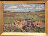 a painting of a stream running through a valley