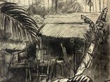 dessin représentant une hutte dans la jungle, avec des palmiers en arrière-plan
