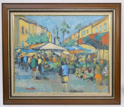 une peinture à l'huile représentant une scène de marché avec des gens qui s'y promènent