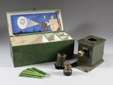 a green box with a picture of a man on it