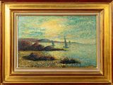 tableau représentant un voilier sur l'eau, près d'un rivage rocheux