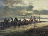 tableau représentant un groupe d'hommes à cheval sur un chemin de terre