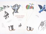 several cards with drawings of animals and people on them on a white surface