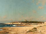 an image of a painting of a beach with a lighthouse in the background