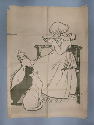un dessin représentant une femme assise sur une chaise avec deux chats