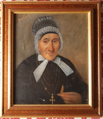 tableau représentant une vieille femme vêtue d'une robe noire et d'un bonnet blanc