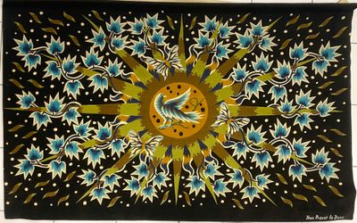 painting of a sunflower on a black background with blue and yellow flowers