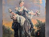 an old painting of a woman holding flowers in a field