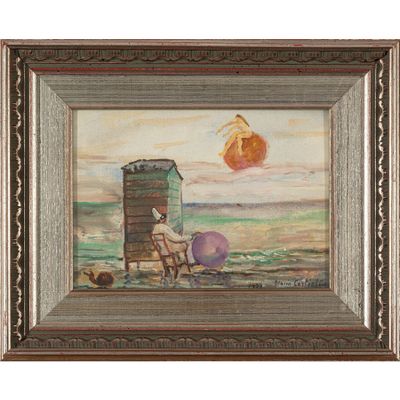 tableau représentant un homme assis sur une chaise à la plage, à côté d'une cabane de plage