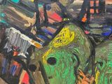a painting of two fish in a vase on a table