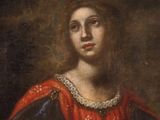 a painting of a woman wearing a red dress and a crown