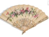 a fan with flowers painted on it on a white background