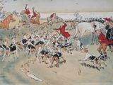 a painting of a group of people riding horses and dogs