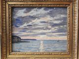an oil painting of a sunset over a body of water