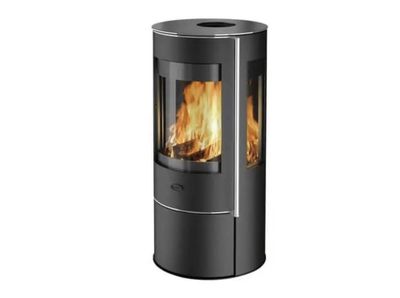 a black stove with a fire inside of it on a white background