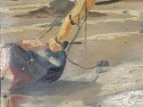 a painting of a sailboat on the beach by the water