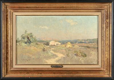 une peinture d'un paysage avec une maison au loin