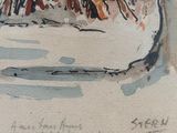 a watercolor painting of a woman sitting on a bench