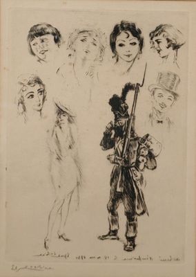 une image représentant un dessin d'un homme armé d'un fusil et d'une femme en robe