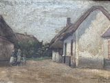 a painting of a man and a woman standing in front of a house