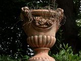 a large stone vase with a plant growing out of it