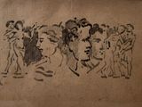 a drawing of a group of people on a piece of cardboard